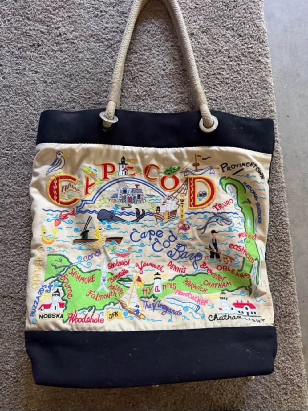 Embroidered Cape Cod Map Canvas Tote in Cream and Black